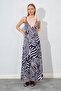 V-Neck Straps Zebra Patterned Long Satin Dress |   Ek 1002816 - 6