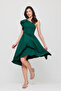 One Shoulder Ruffle Sleeve Pleated Midi Length Evening Dress