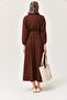 Bat Sleeve Dress with Elastic Waist Belt Brown - 4