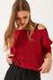 Women's Red Boat Neck Mesh Detail Openwork Knitwear Blouse 20251017 - 3