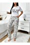 Combed Cotton Print Detailed Short Sleeve Women's Double Pajamas Set Vg135