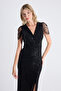 Carmen | Sequined Midi Pencil Evening Dress with Double-Breasted Collar, Sleeveless, Front Slit - Black - 2