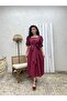 Burgundy Big Bow Square Neck Flared Poplin Dress - 2