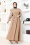 Cape Collar Detailed Belted Hijab Dress Brc1125 Latte - 3