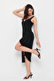 Thick Strap Gather Detail Slit Black Evening Dress - 7