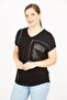 Women's Black Plus Size Stone and Faux Leather Garnished Low Sleeve Blouse 65n35906 - 3