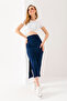 Women's Elastic Waist Wrapped Skirt with Side Slits Navy Blue - 254412 - 4