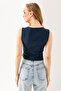 Women's Crew Neck Buttoned Ribbed Body Navy Blue - 25Y 2457 - 5
