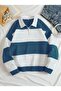 Unisex Petrol Blue Striped Oversize Polo Neck Half Zipper Sweatshirt