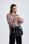 Black Patent Leather Chain Detailed Pleated Women's Shoulder Bag - 2