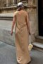 Beige Front Back V Neck Zero Sleeve Linen Blended Women Midi Dress - 5