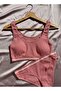 Dusty Rose Color, Cotton, Padded, White Stripe, Women's Half Undershirt-Slip Panties Set 45E11