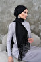 Black Crepe Chiffon Fabric with Hand Embroidery, Long Lez Lace, and Luxurious Shawl with Stones. - 3