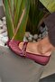 Claret Red Women's Double Belt Detailed Mesh Ballerinas - 5