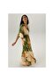 Women's Plus Size Green, Front Gipe Rubber Detail Bat Sleeve, Patterned Long Dress 65N38811 - 3
