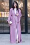 Abaya with Stone Stripes on the Front-Pink - 6