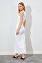 Women's Ecru Waist Fitted Long Slit Dress - 6