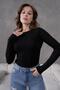 Women's Black Boat Neck Gathered Long Sleeve Blouse Lycra Viscose Badi 99