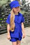 Girl's Sleeveless Combed Cotton Blouse Short Sleeve Blazer Jacket Hat Cobalt Blue Shorts Suit - 3