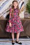 Girl's Rose Patterned Red Dress with Ruffled Chest and Ribbon Detail on the Collar