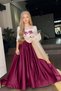 Girl's Satin Burgundy Long Evening Dress with Transparent Tulle Collar, Guipure Embroidered Shoulders and Sleeves, Bow Detail