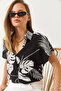 Women's Black White Short Sleeve Patterned Short Sleeve Viscose Shirt 60261477 - 4
