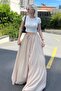 Beige Elastic Waist Slit Long Women's Skirt Mg2062 - 8