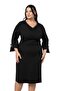 Plus Size V-Neck Midi Black Dress with Brooch and Chiffon Band Detail on Sleeve - 2