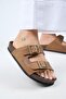 (Anjelic Tumbled) Women's Genuine Leather Double Buckle Coffee Slippers - 5