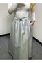Women's Gray Silver Color Special Coated Long Pleated Pinterest Skirt - 2