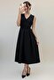 Women's Black V Neck Button Detail Midi Dress - 3