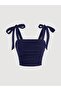 Navy Blue Bowknot Summer Lycra Crop Top, Navy Blue Shoulder Tie Bow Strap Blouse Top, Drawstring Crop Top