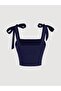 Navy Blue Bowknot Summer Lycra Crop Top, Navy Blue Shoulder Tie Bow Strap Blouse Top, Drawstring Crop Top - 6