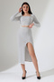 Women's Square Neck Long Sleeve Skirt Slit Striped Suit