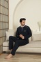 Long Sleeve Seasonal Navy Blue Color Combed Cotton Men's Pajamas - 2