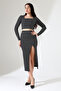 Women's Square Neck Long Sleeve Skirt Slit Striped Suit - 5