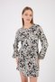 Apsen Women's Beige Gathered Crew Neck Waist Long Sleeve Midi Length Printed Viscose Dress 4506-90 - 7