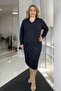 Stonework Detail V-Collar Long Sleeve Steel Knitted Plus Size Dress Black - 2