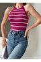 Women's Striped Stretchy Knitwear Fabric Ruffled Sleeveless Design Basic Blouse 0298