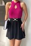 Women's Stretchy Knitwear Fabric Stand Collar Drop Low-Cut Design Dark Fuchsia Blouse 0285