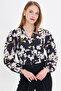 Women's Black Collared Blouse with Ruffled Front and Elastic Sleeves Long Sleeve Blouse Arm-25Y001015