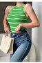 Women's Striped Stretchy Knitwear Fabric Ruffled Sleeveless Design Basic Blouse 0298 - 5