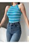 Women's Striped Stretchy Knitwear Fabric Ruffled Sleeveless Design Basic Blouse 0298 - 4
