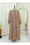 Half Placket Lace up Elastic Sleeve Muslin Dress - Light Brown - 2