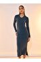 Solid Ribbed Polo Neck Bodycon Midi Dress - 2