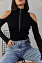 Zippered Ribbed Flexible Blouse with Shoulder Detail