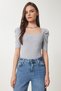 Women's Gray Melange Square Neck Ribbed Crop Blouse GT00007 - 3