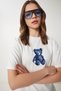 Women's Ecru Teddy Bear Embroidered Cotton Oversize Knitted T-Shirt Cr00460