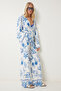 Women's Blue White Patterned Summer Tunic Trousers Suit Fn03457 - 3