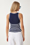 Women's Navy Blue White Striped Knitwear Blouse Fn03451 - 5
